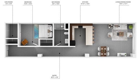 Floor plan for 1 bed, 1 bath, 843 sqft